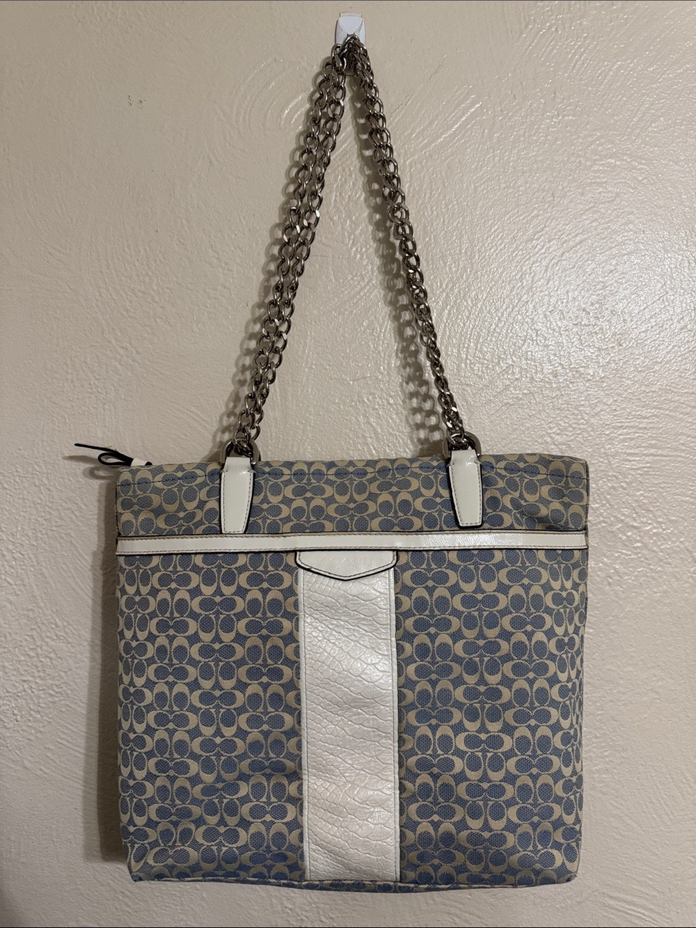 Coach 2013 Blue Signature Tote with White Trim and Unbranded Chain Strap